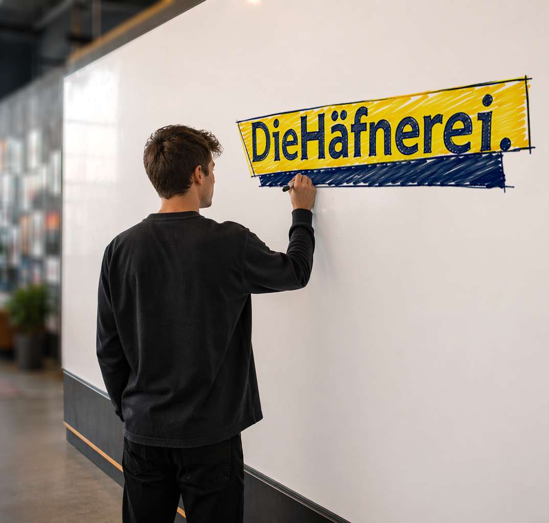 Person schreibt „Die Häfnerei“ in blau-gelber Gestaltung auf ein großes Whiteboard.