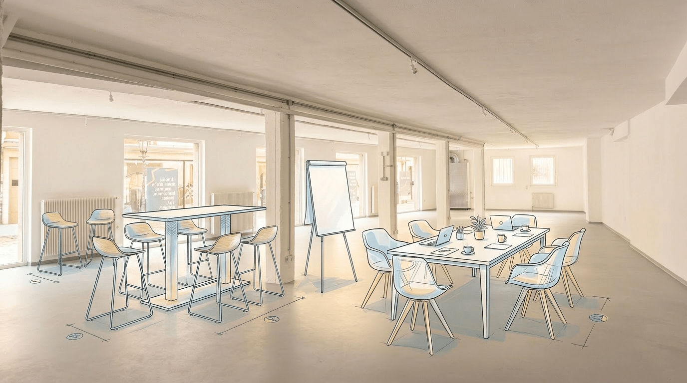 Heller, moderner Meetingraum mit viel Platz und flexibler Bestuhlung für Workshops und Teamveranstaltungen in Würzburg.
